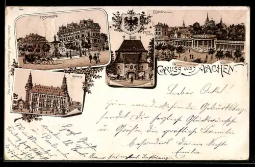 Lithographie Aachen, Elisenbrunnen aus der Vogelschau, Kaiserplatz, Pont-Thor