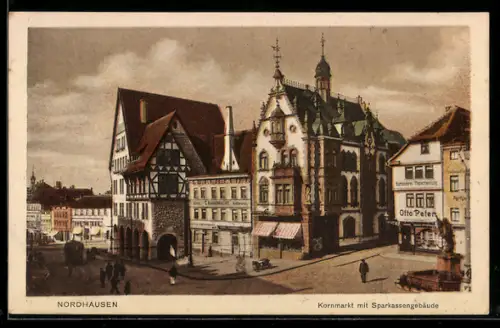 AK Nordhausen, Kornmarkt mit Geschäften und Sparkassengebäude