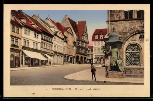 AK Nordhausen, Markt mit Geschäften und Roland