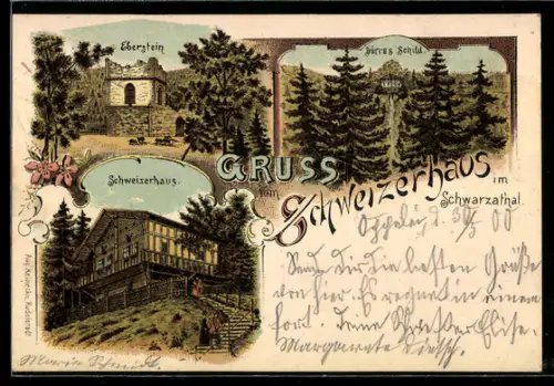 Lithographie Schwarzatal, Schweizerhaus, Ruine Eberstein, Dürres Schild