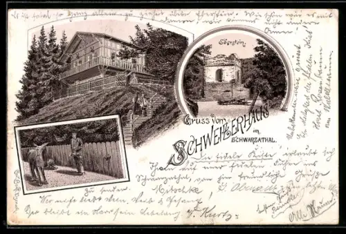 Vorläufer-Lithographie Schwarzburg /Schwarzathal, 1894, Gasthof Schweizerhaus, Eberstein, Bauer mit Esel