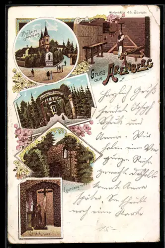 Lithographie Arenberg, Kirche, Werkstätte d. H. Josef, Igurdesgrotte