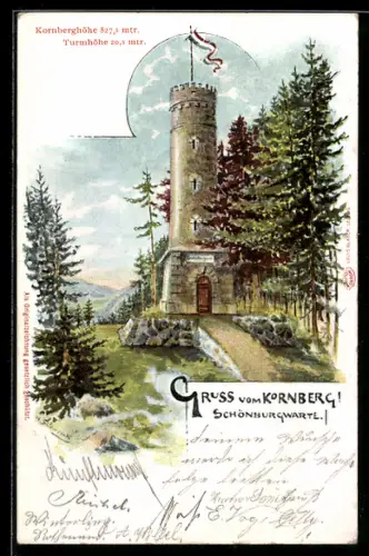 Lithographie Kirchenlamitz /Fichtelgebirge, Schönburgwarte auf dem Kornberg