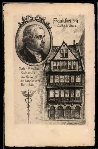 Künstler-AK Frankfurt a. M., Rothschildhaus, Portrait Maier Amschel Rothschild