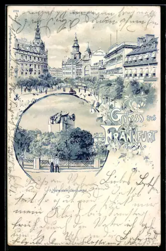 Lithographie Frankfurt a. M., Rossmarkt, Hessendenkmal