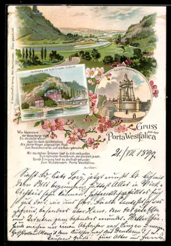 Lithographie Porta Westfalica, Jacobsberg und Hotel Grosser Kurfürst, Kaiser-Denkmal, Panorama