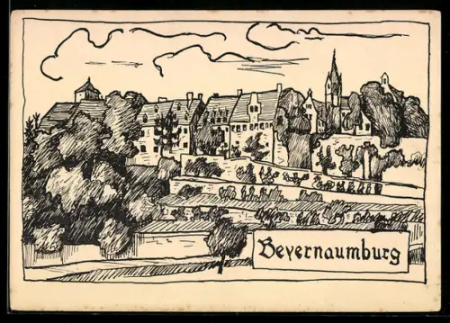 Künstler-AK Beyernaumburg, Teilansicht mit Kirche