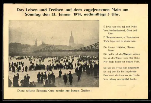 AK Frankfurt, Leben u. Treiben auf dem zugefrorenen Main am 25.1.1914