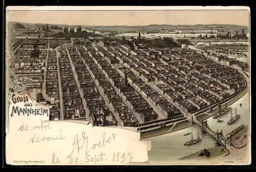 Lithographie Mannheim, Teilansicht aus der Vogelschau