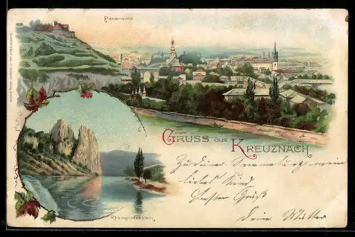 Lithographie Kreuznach, Panorama und Rheingrafenstein