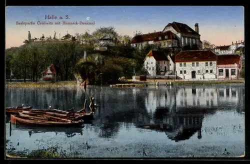 AK Halle a. S., Saalepartie Cröllwitz mit dem Bismarck-Denkmal unter der Bergschenke