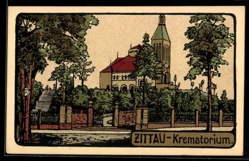 Steindruck-AK Zittau, Krematorium mit Strassenpartie
