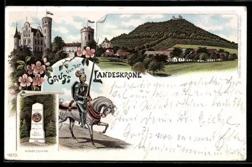 Lithographie Görlitz, Teilansicht mit Burg, Körner Denkmal, Kirche