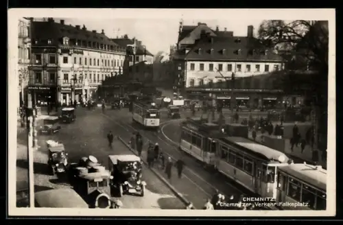 AK Chemnitz, Strassenbahn auf dem Falkenplatz