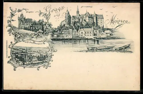 Lithographie Meissen, Burgthor, Kgl. Porzellanmanufaktur, Albrechtsburg