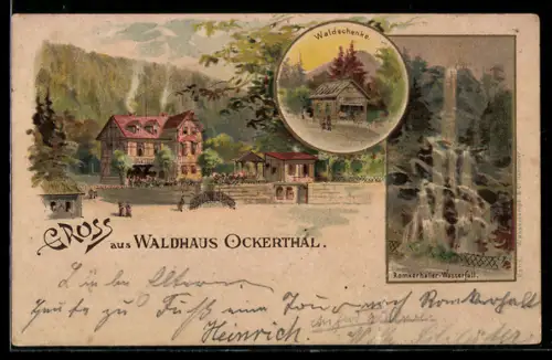 Lithographie Ockerthal, Waldschenke, Waldhaus Ockerthal, Wasserfall