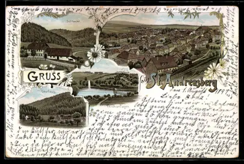 Lithographie St. Andreasberg, Schlucht, Teichanlagen, Oderhaus, Ortsansicht aus der Vogelschau