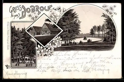 Vorläufer-Lithographie Dobrock, 1894, Gasthaus, Fachwerkhäuser, Teich