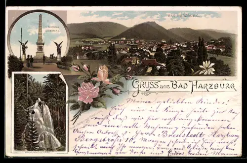 Lithographie Bad Harzburg, Radauwasserfall, Canossa-Denkmal, Panorama mit Gebirge