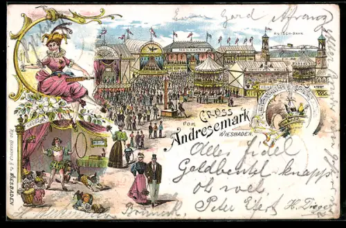 Lithographie Wiesbaden, Volksfest Andresemark, Festplatz mit Rutschbahn und Menagerie