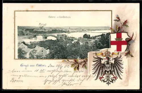 Passepartout-Lithographie Coblenz, Teilansicht mit Eisenbahnbrücke, Wappen