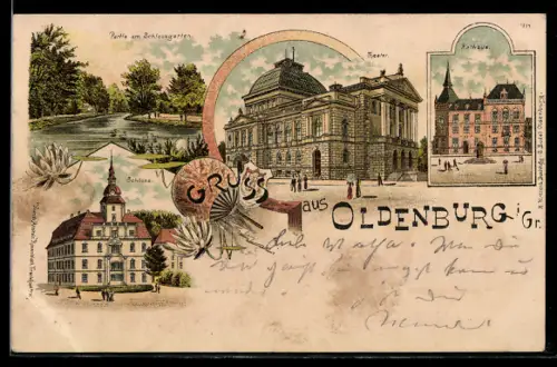 Lithographie Oldenburg i. Gr., Theater, Schloss, Partie am Schlossgarten
