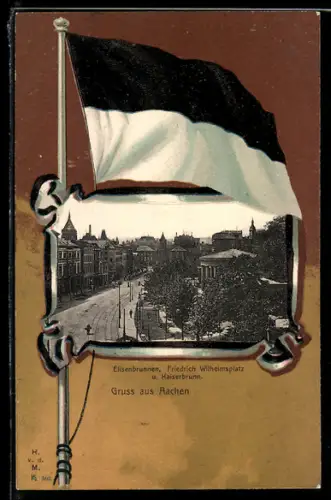 AK Aachen, Elisenbrunnen, Friedrich Wilhelmsplatz und Kaiserbrunn, Flagge