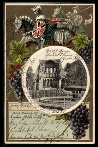 Passepartout-Lithographie Heisterbach, Abtei, Ritter mit Schild zu Pferde