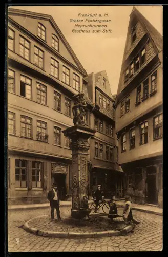 AK Alt-Frankfurt, Grosse Fischergasse, Neptunbrunnen, Gasthaus zum Stift