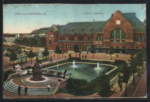 AK Aachen, Bahnhof mit Brunnenanlage