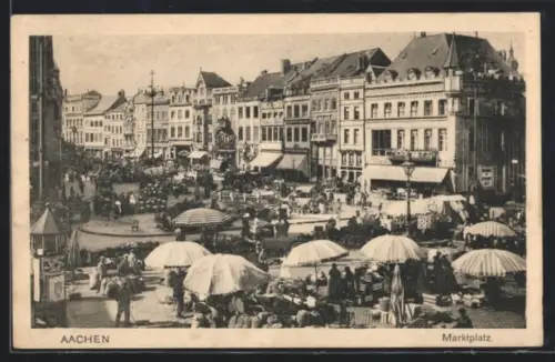 AK Aachen, Marktplatz mit Marktbetrieb