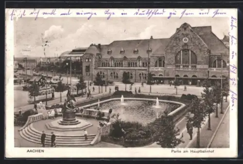 AK Aachen, Hauptbahnhof und Brunnenanlage