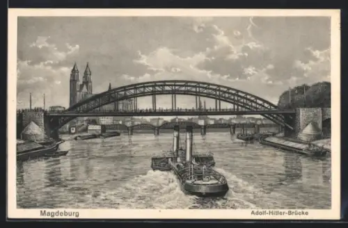 AK Magdeburg, Brücke vor Stadtpanorama mit Dom, Frachtschiffe