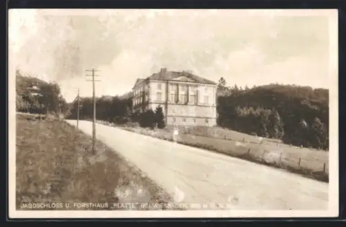 AK Wiesbaden, Hotel-Restaurant Jagdschloss und Forsthaus Platte W. Liedke, mit Strasse