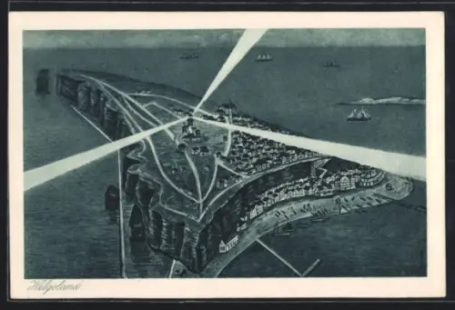 Künstler-AK Helgoland, Gesamtansicht mit Leuchtturm in Betrieb