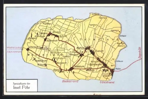 AK Insel Föhr, Spezialkarte der Insel mit Orten und Wegen
