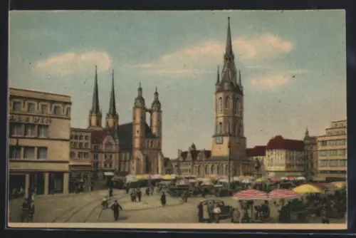 AK Halle /Saale, Marktplatz mit Marktbetrieb