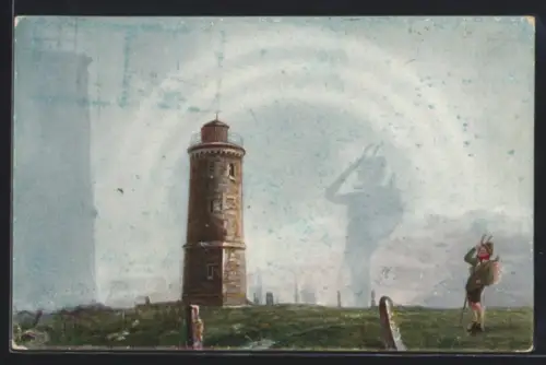 Künstler-AK Brocken, Brocken-Turm, Wanderer mit Brockengespenst