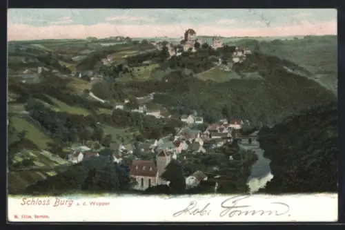 AK Burg a. d. Wupper, Schloss Burg und Ort aus der Vogelschau