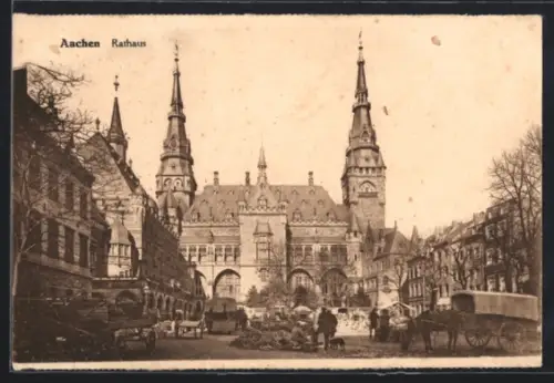 AK Aachen, Rathaus mit Marktbetrieb