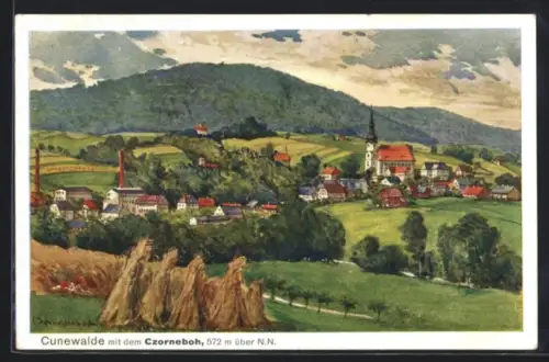 Künstler-AK Cunewalde, Gesamtansicht mit Czorneboh