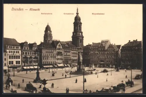 AK Dresden, Altmarkt mit Rathausturm, Kreuzkirche, Siegesdenkmal