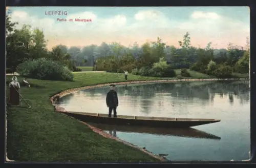 AK Leipzig, Partie im Albertpark, Gärtner, Aufseher im Kahn