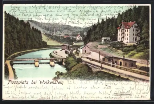 AK Wolkenstein, Flossplatz, Brücke, Fluss, Bahnhofsgebäude