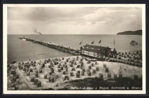 AK Binz a. Rügen, Seebrücke und Strand