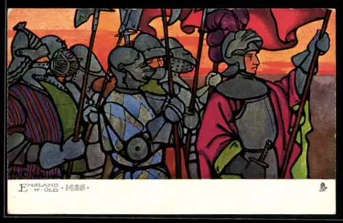 AK Engliische Landsknechte und Ritter in Rüstungen mit Bannern im Jahr 1425