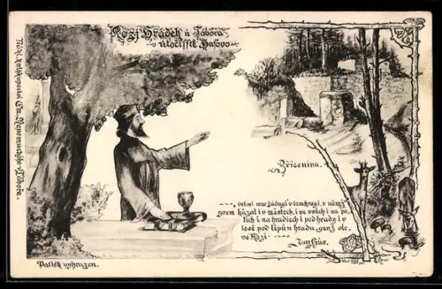 AK Reformator Jan Hus mit der Schwurhand auf einem Buch unter einem Baum