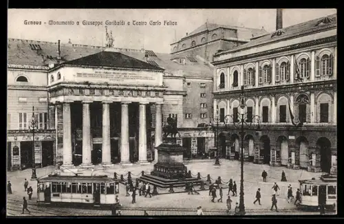 AK Genova, Monumento a Guiseppe Garibaldi e Teatro Carlo Felice, Strassenbahn