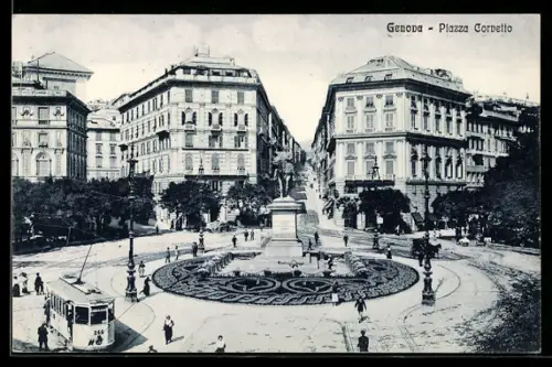 AK Genova, Piazza Corvetto, Panorama, Strassenbahn