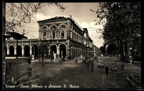 AK Torino, Corso Vittorio e Stazione P. Nuova, Strassenbahn